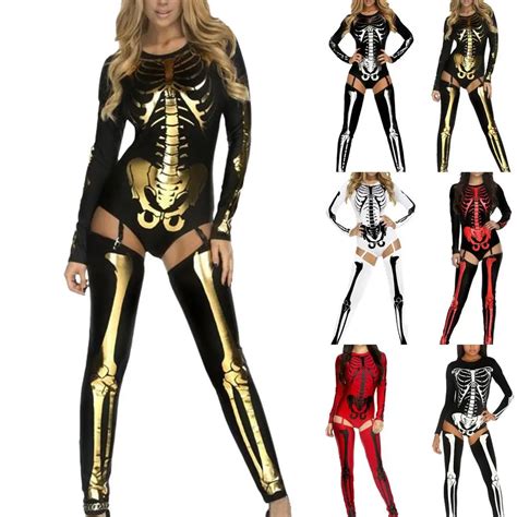 Women Sexy Pu One Piece Skull Printed Jumpsuit Tight Socks Skeleton Halloween Costume Party