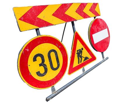 Group Of Traffic Signs Speed Limit Of 30 Km Road Under Construction