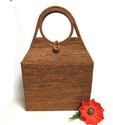 Woven Basket Handbag Vintage Tote Purse With Geometric Etsy