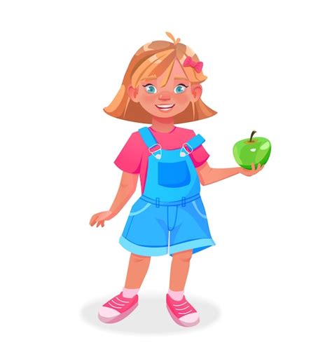 Premium Vector Cute Little Girl Holding An Apple