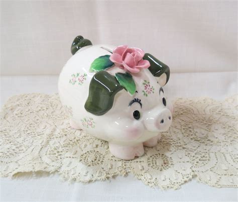 Hand painted travel fund piggy bank. Vintage Lefton Piggy Bank Hand Painted Applied Rose and ...