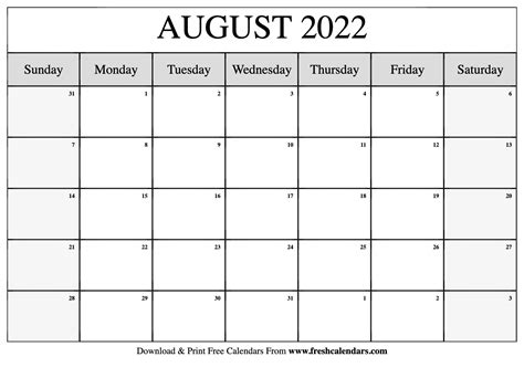 Blank Printable August 2022 Calendars
