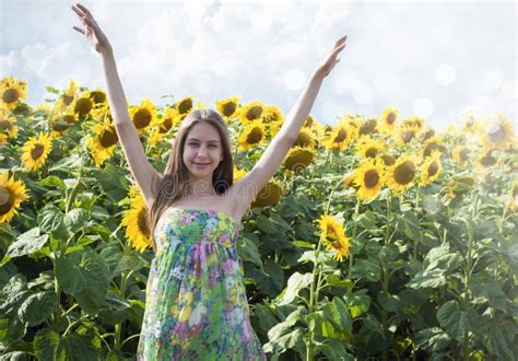 Beautiful Girl With Sunflower Stock Photo Image Of Happiness
