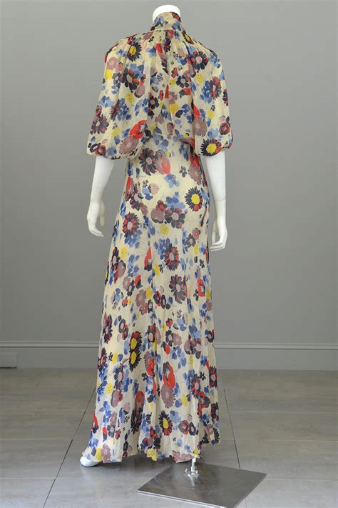1930s Floral Print Silk Chiffon Vintage Gown And Butterfly Wing Shrug