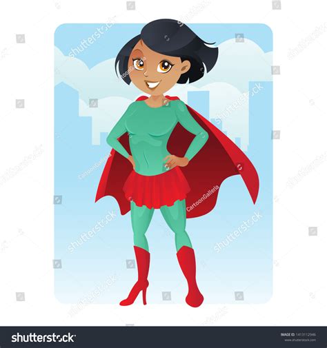 Vektor Stok African American Superhero Girl Standing Proudly Tanpa
