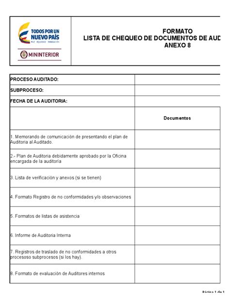 Anexo 8 Lista De Chequeo De Documentos De Auditoria Interna Sip6f8