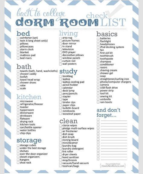 Free Printable Dorm Room Checklist
