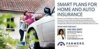 Farmers provides a variety of auto insurance plans, multiple discounts and special coverage options, including price cuts for combining your auto policy with another farmers plan, e.g., home insurance. Smart Plans for Home and Auto Insurance, LaTannia Fair Agency - Farmers Insurance, Elkton, MD