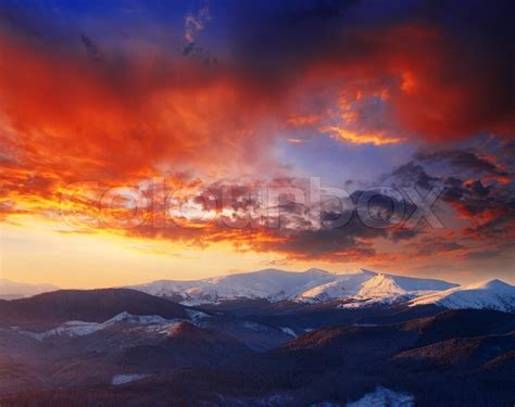 Majestic Sunset In The Winter Mountains Landscape Hdr