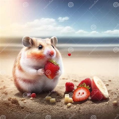 Adorable Hamster Eating Strawberry On The Sandy Beach In The Summer