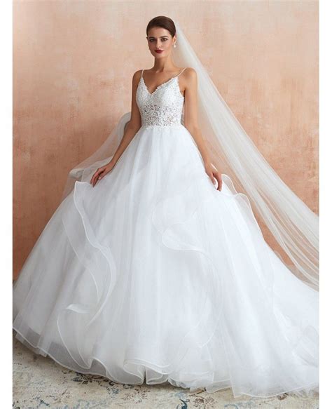 Elegant Princess Lace Tulle Ball Gown Wedding Dress With Spaghetti