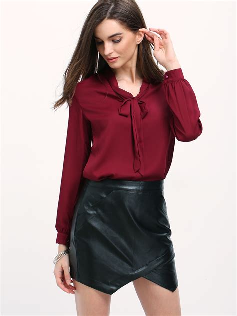 Burgundy Tie Neck Long Sleeve Chiffon Blouse Sheinsheinside