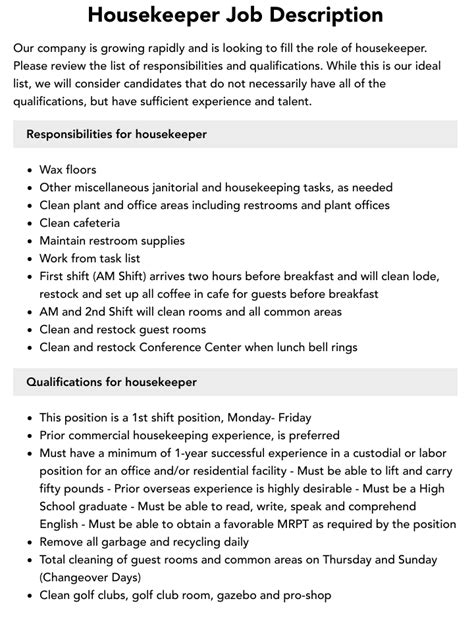 Housekeeper Job Description Velvet Jobs
