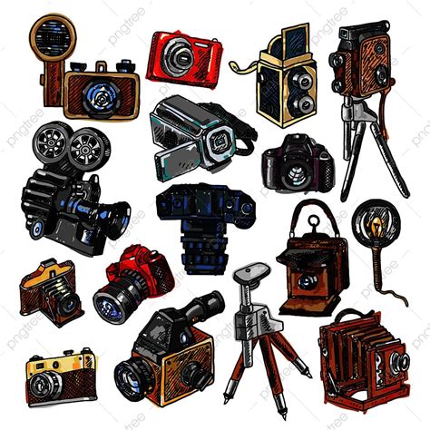 Gambar Film Mekanis Lama Dan Koleksi Ikon Kamera Refleks Digital Modern Otomatis Ilustrasi