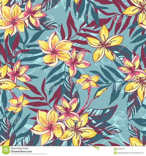 Set of tropical flowers hibiscus and plumeria. Vector Illustration. Tropical Floral Summer Seamless ...
