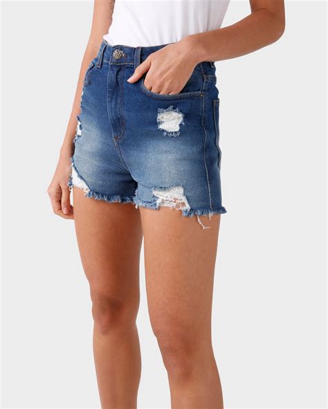 Riachuelo Short Jeans Feminino Com Lycra® Hot Pants Ripped Denim Médio Jeanseria By Riachuelo