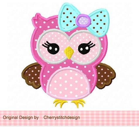 Cute Girly Owl With Bow Applique 4x4 5x7 6x10 Machine Embroidery Applique Design 299 Via