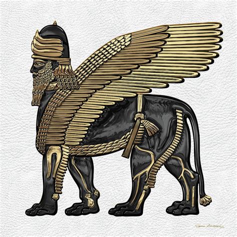 Assyrian Winged Lion Gold And Black Lamassu Over White Leather