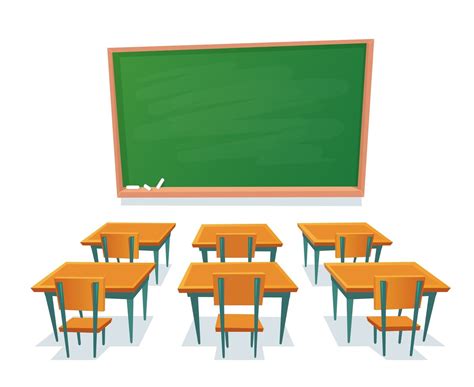 School Chalkboard And Desks Empty Blackboard Classroom Wooden Desk A