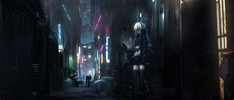 Download 2000x857 Anime Dark City Skyscrapers Back Streets Girl