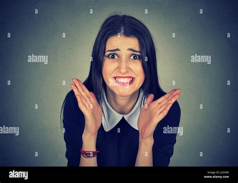 Beautiful Angry Woman Isolated On Gray Background Stock Photo Alamy