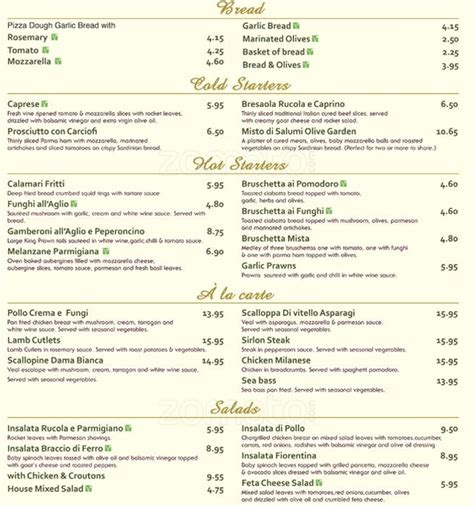 Please be aware, that prices and availability of olive garden menu items can vary from location to location. Menu at Olive Garden restaurant, London, 48 Coombe Ln
