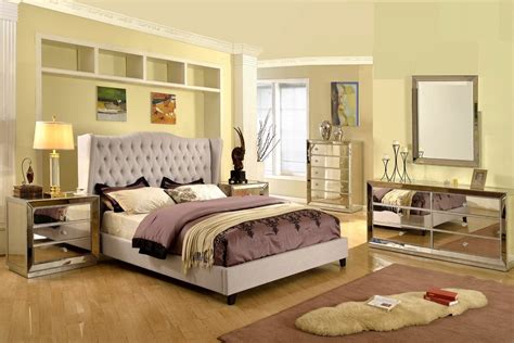 Formal Silver Mirrored Jameson Bedroom Set Taupe Color Eastern King