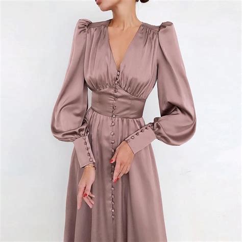 Elegant Puff Sleeve V Neck Party Pleated Satin Dress In 2021 Satin Dress Long Satin Dresses
