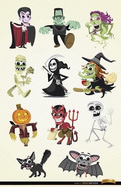 Set Of Halloween Cartoon Characters It Includes Dracula Frankenstein
