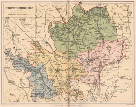 Hertfordshire Antique County Map 1893 Old Vintage Plan Chart