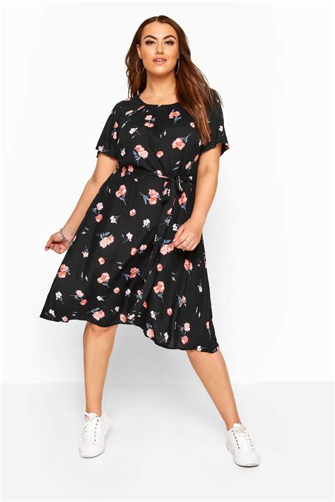 Black Floral Pleat Neck Dress Yours Clothing
