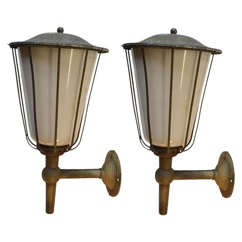 Pair Of Large Outdoor Lanterns Metal And White Glass Early 20th