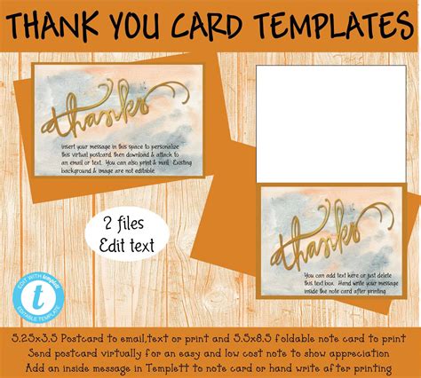 Thank You Card Templates 2 Files 1 Note Card And 1 Virtual Card Etsy