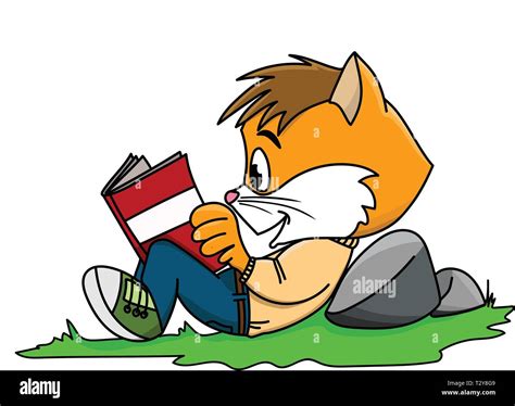 Cartoon Cat Reading A Book Lying On Grass Vector Illustration Stock Vector Image And Art Alamy