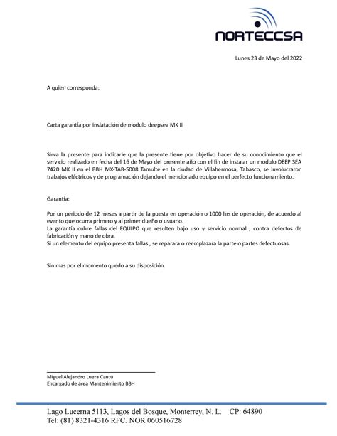 Carta Garantia Deepsea Lunes 23 De Mayo Del 2022 A Quien Corresponda