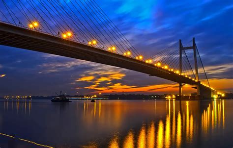 Wallpaper Bridge Lights River The Evening India Glow West Bengal