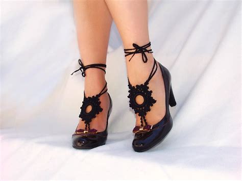Accessory Gallery New Black Crochet Barefoot Sandals Nude Shoes