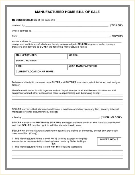 Manufactured Mobile Home Bill Of Sale Form Template Sample