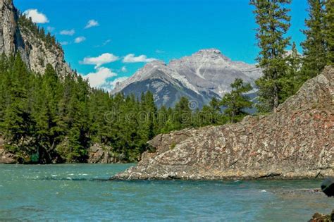 Bow River And Mountains In Banff Alberta Canada Stock Image Image Of