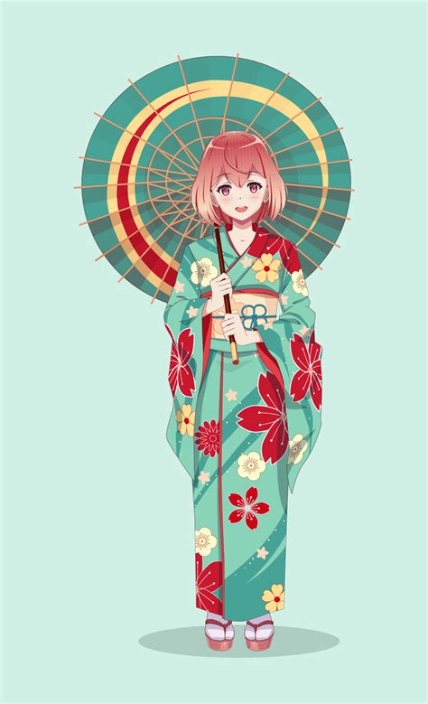 Anime Manga Girls In Traditional Japanese Kimono Costume Holding Paper Umbrella Vector