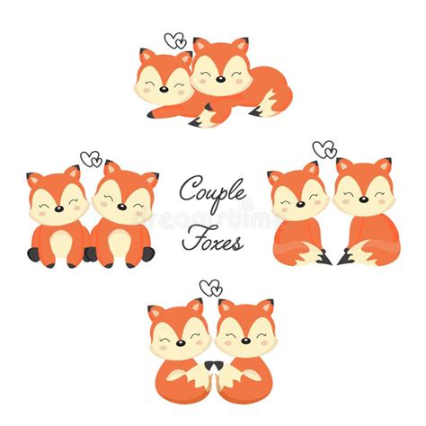 Set Of Cute Couple Woodland Animals Foxesdeersquirrels Cartoon