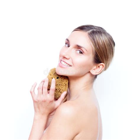 Woman With Naked Back Keeps Natural Sponge SPA And Beauty Stock Photo