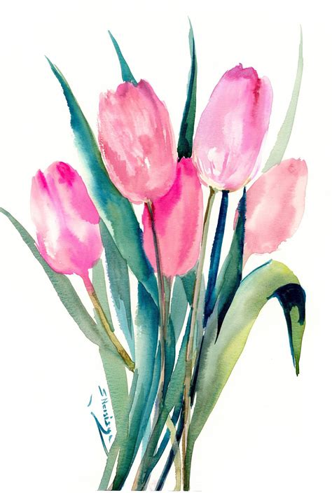 Tulips Original Large Watercolor Painting Soft Pink Tulips Etsy