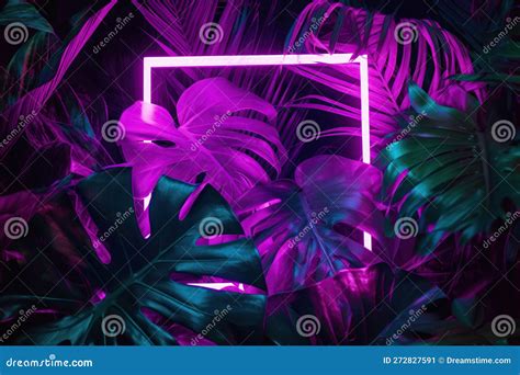 Tropical Background With Monstera Leaves And Bright Neon Lights Frame