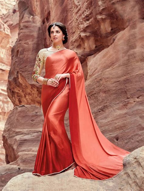 Red Plain Satin Saree With Blouse Shaily 2997197