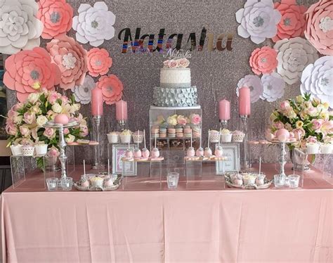 Pink And Silver Candy Buffet With Paper Flower Wall 17th Birthday