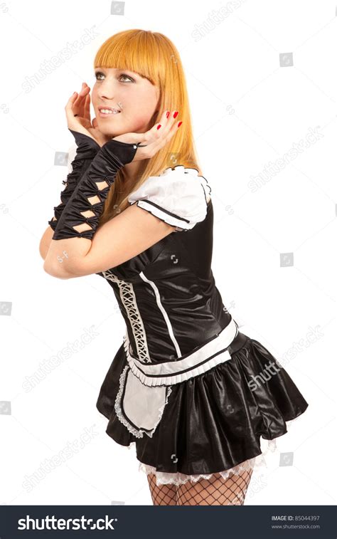 Beautiful Caucasian Woman Dressed In A French Maid Costume Isolated On A White Background Stock