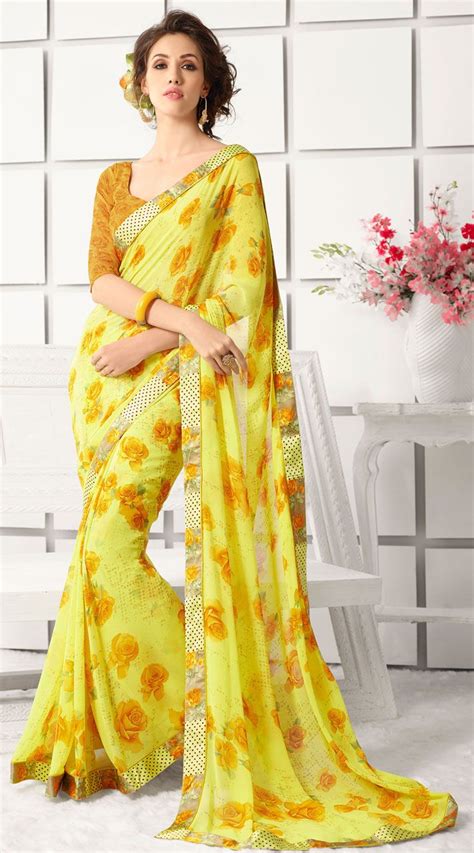 Beautiful Floral Printed Yellow Georgette Light Work Saree With Images