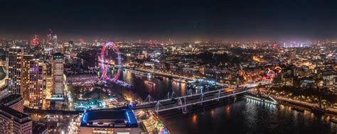 Epic Night Aerial View Of The London River Thames London Eye