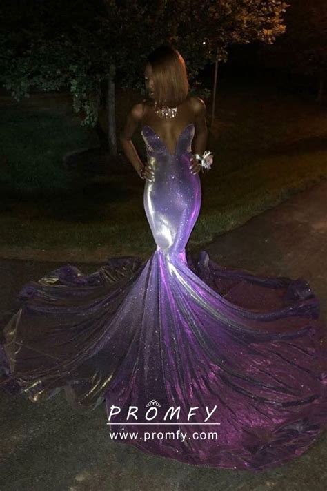Sparkly Shine Purple Glitter Mermaid Long Train African American Prom